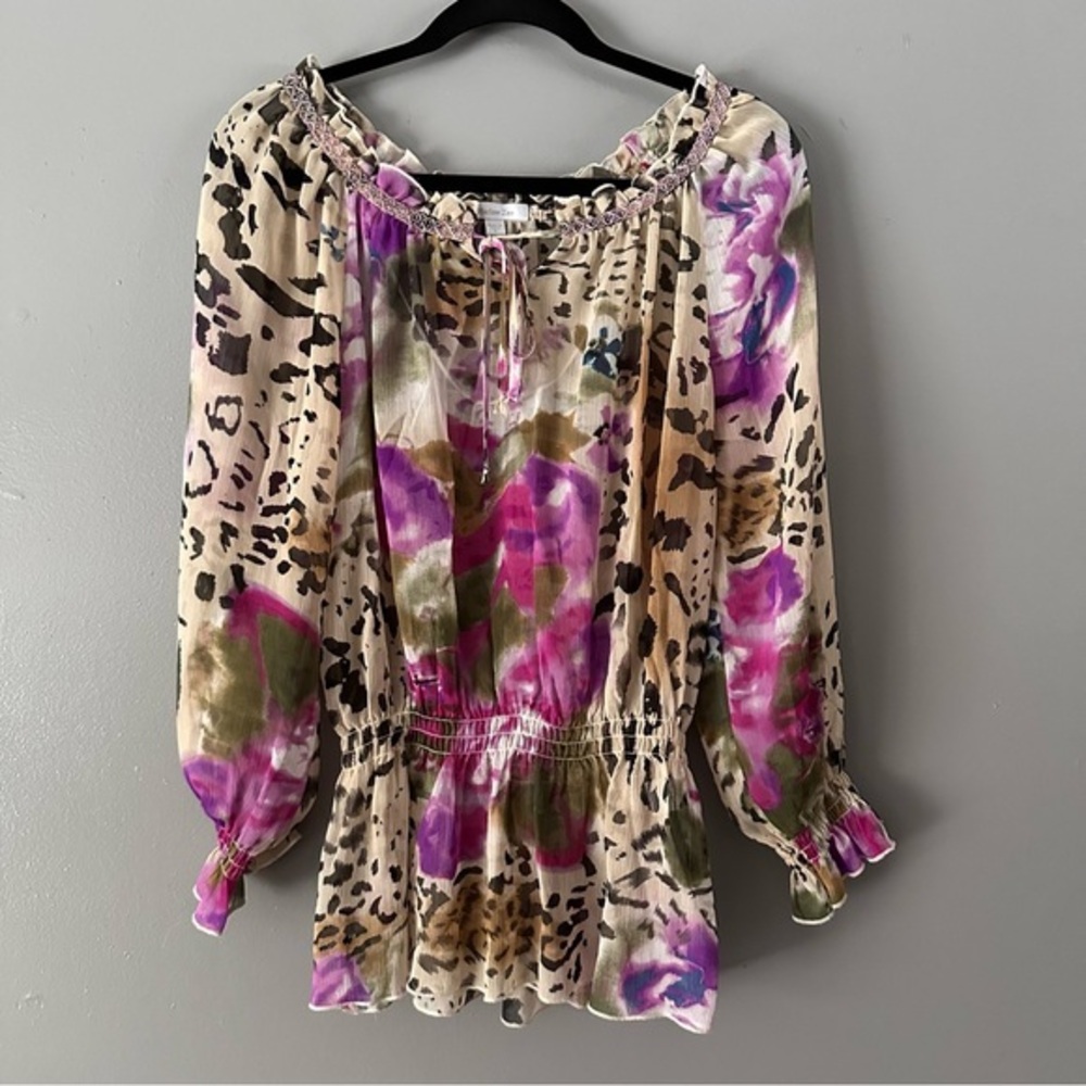 Harlow Zee Sheer Peplum Blouse‎ | Floral + Animal Print